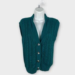 Vintage PS Sport Teal Green Cable Knit Sweater Vest Preppy Academia Small